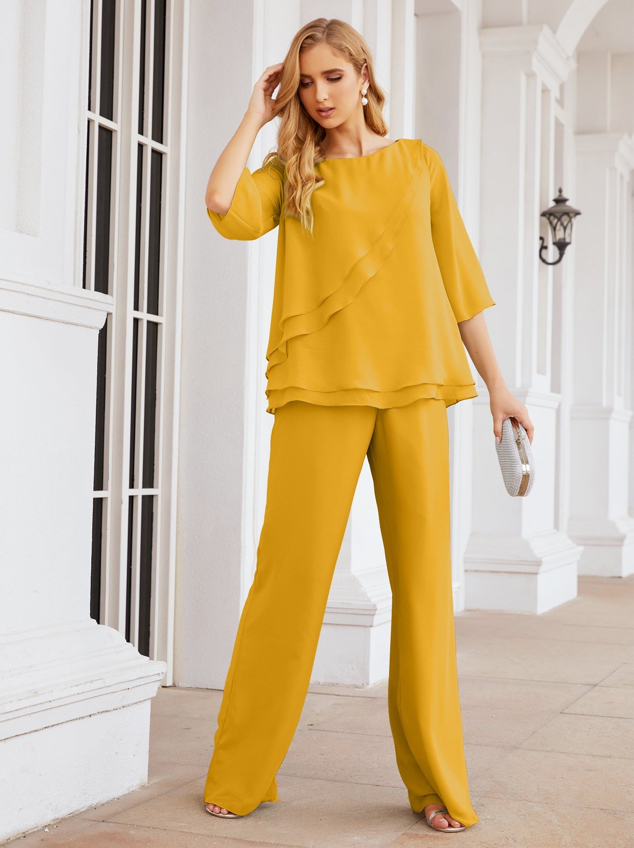 Sunnderly Elegant 2 Piece Mother of The Bride Dress Plus Size Pant Suits Ruffle Layers Sliver Housecoat SY28064