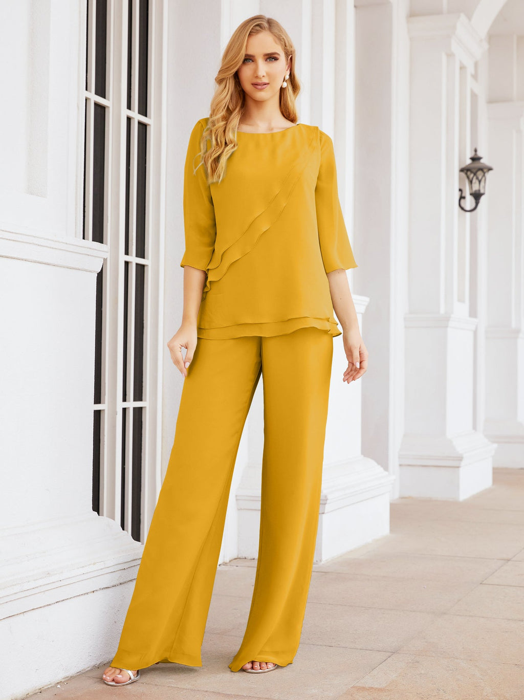 Elegante vestido de dos piezas para madre de la novia, talla grande, pantalón, capas con volantes, bata plateada SY28064 