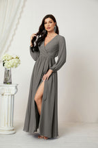 Vestidos de noche Sunnderly con escote en V profundo, gasa, para dama de honor, manga larga de obispo, abertura lateral, vestido formal SY2806 