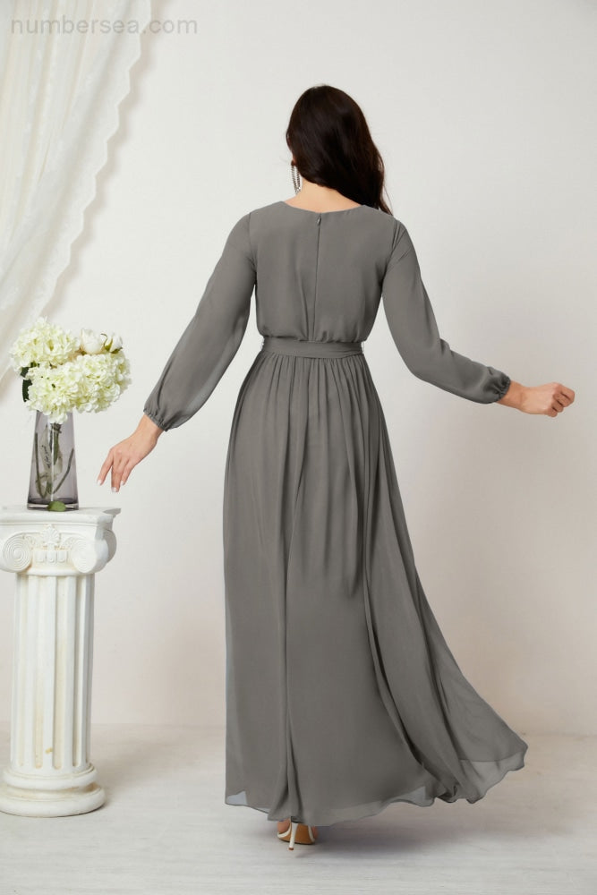 Vestidos de noche Sunnderly con escote en V profundo, gasa, para dama de honor, manga larga de obispo, abertura lateral, vestido formal SY2806 