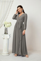 Vestidos de noche Sunnderly con escote en V profundo, gasa, para dama de honor, manga larga de obispo, abertura lateral, vestido formal SY2806 
