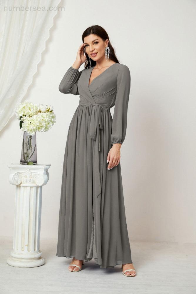 Vestidos de noche Sunnderly con escote en V profundo, gasa, para dama de honor, manga larga de obispo, abertura lateral, vestido formal SY2806 