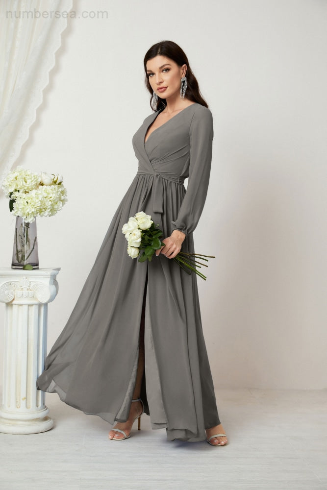 Vestidos de noche Sunnderly con escote en V profundo, gasa, para dama de honor, manga larga de obispo, abertura lateral, vestido formal SY2806 