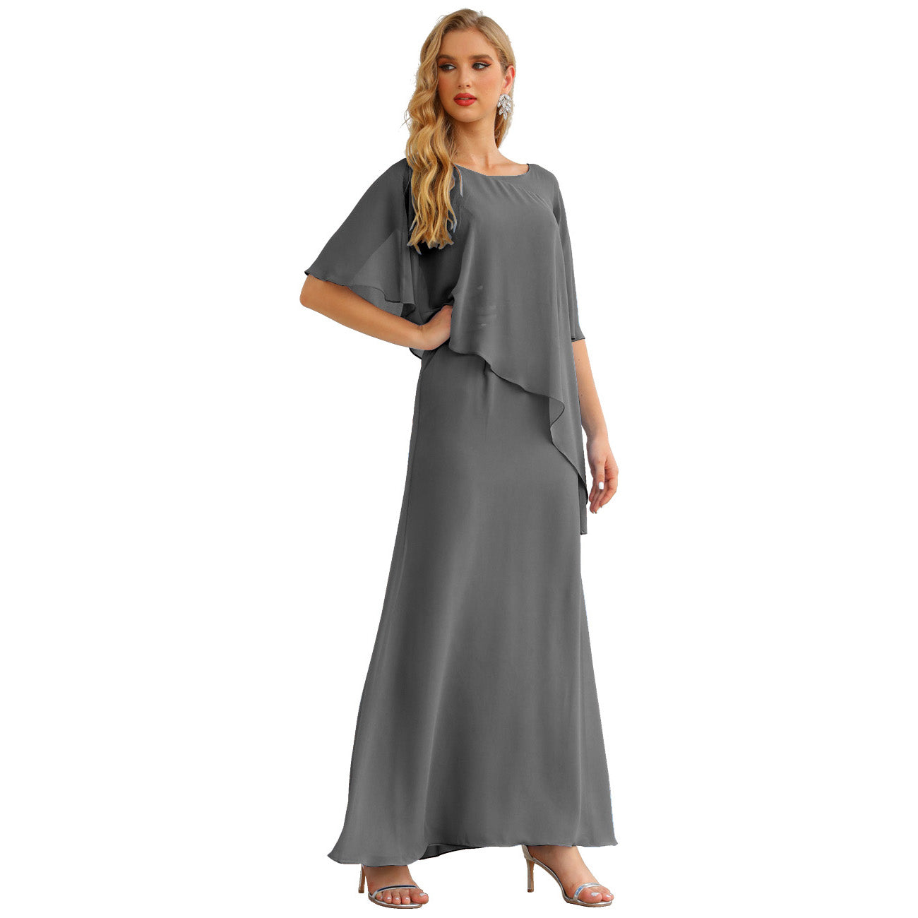 Sunnderly Chiffon Plus Size Mother of The Bride Dresses Formal Prom Gown Ruffle Cape