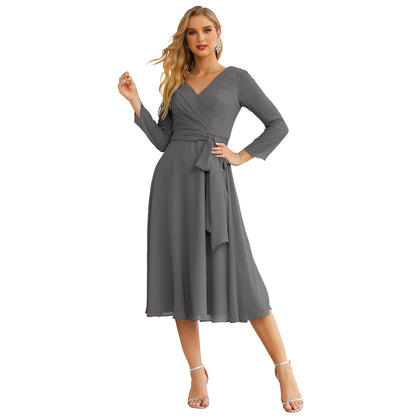 Sunnderly Chiffon Bridesmaid Dress V-Back Waist Belt Formal Prom Gown Mother of The Bride Wedding Guest