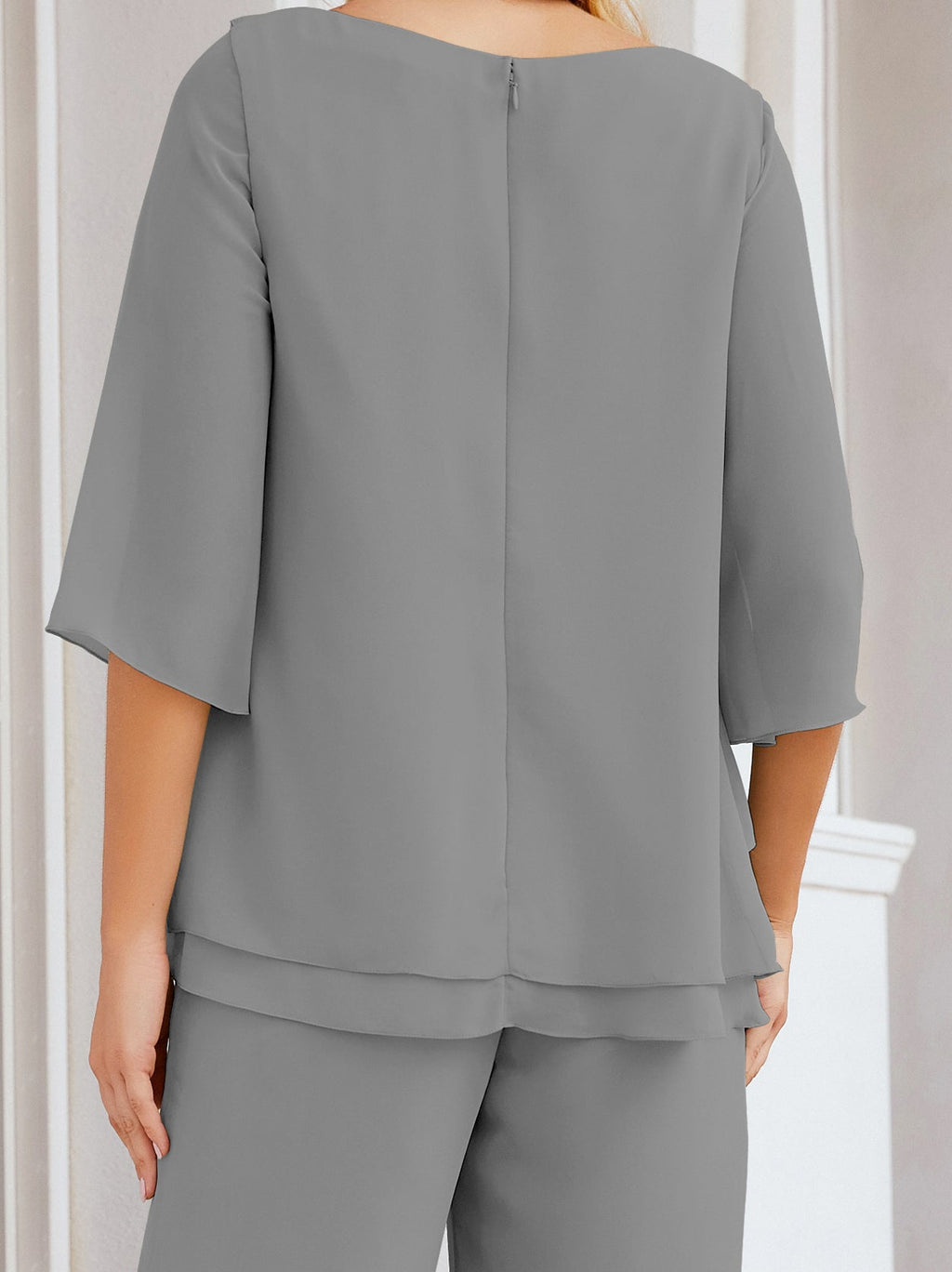 Elegante vestido de dos piezas para madre de la novia, talla grande, pantalón, capas con volantes, bata plateada SY28064 