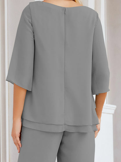 Sunnderly Elegant 2 Piece Mother of The Bride Dress Plus Size Pant Suits Ruffle Layers Sliver Housecoat SY28064