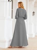 Sunnderly Women's Chiffon Bridesmaid Dress A line Long Sleeves Formal Evening Prom Gown for Wedding Guest SY28032