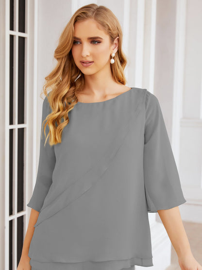 Sunnderly Elegant 2 Piece Mother of The Bride Dress Plus Size Pant Suits Ruffle Layers Sliver Housecoat SY28064