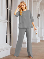 Elegante vestido de dos piezas para madre de la novia, talla grande, pantalón, capas con volantes, bata plateada SY28064 
