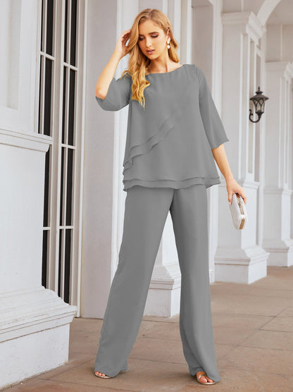 Sunnderly Elegant 2 Piece Mother of The Bride Dress Plus Size Pant Suits Ruffle Layers Sliver Housecoat SY28064