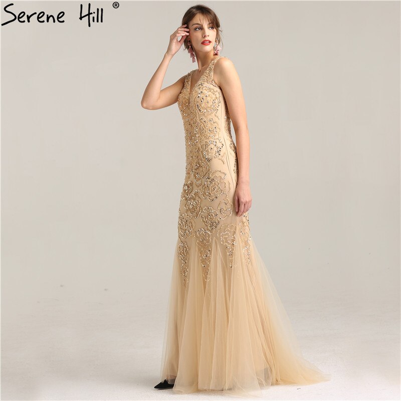 En oferta, sin devolución ni reembolso. Oferta, vestido de noche de sirena sexy de lujo con escote en V profundo y cuentas de cristal, elegante vestido de noche de tul a la moda, foto real LA6249