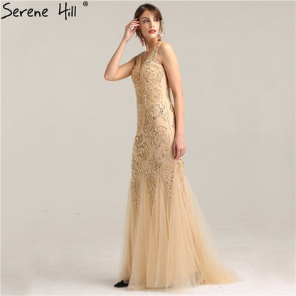 En oferta, sin devolución ni reembolso. Oferta, vestido de noche de sirena sexy de lujo con escote en V profundo y cuentas de cristal, elegante vestido de noche de tul a la moda, foto real LA6249