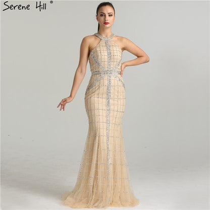 En oferta, sin devolución ni reembolso, venta de lo último en moda, vestidos de noche de sirena sexys con cuello halter y cuentas, vestido de fiesta de noche elegante de lujo, foto real LA6124