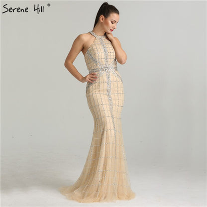 En oferta, sin devolución ni reembolso, venta de lo último en moda, vestidos de noche de sirena sexys con cuello halter y cuentas, vestido de fiesta de noche elegante de lujo, foto real LA6124