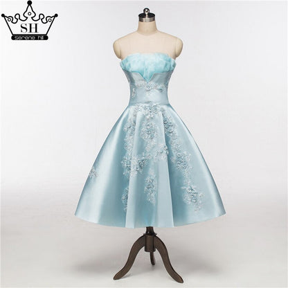 En oferta, sin devolución ni reembolso, los más nuevos vestidos de noche cortos sin tirantes, sexys, con apliques de satén, formales, para fiesta de noche, HA2076 