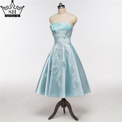 En oferta, sin devolución ni reembolso, los más nuevos vestidos de noche cortos sin tirantes, sexys, con apliques de satén, formales, para fiesta de noche, HA2076 