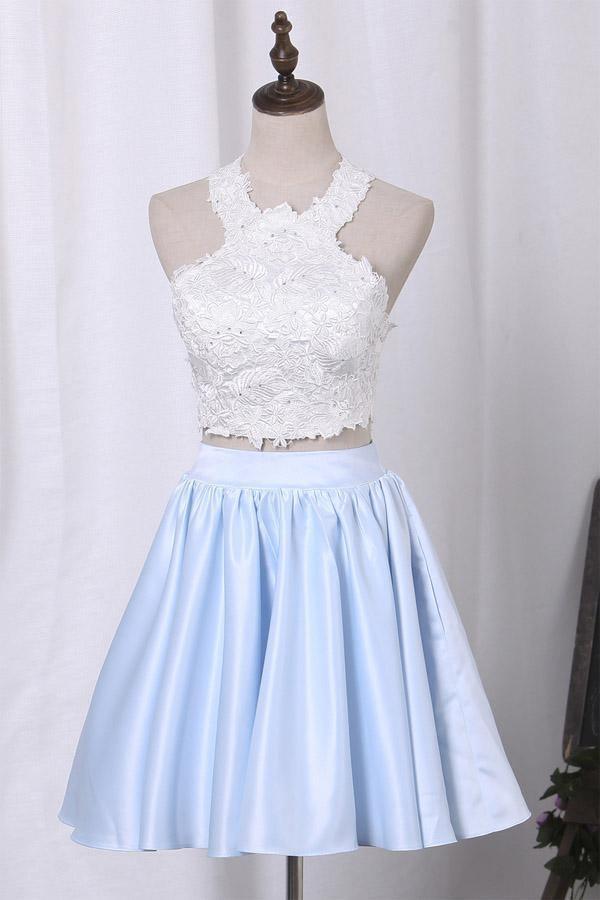 Two-Piece Scoop Homecoming Dresses A Line Satin With Applique  PD411