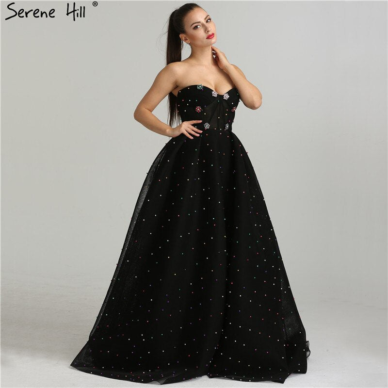 2025 schwarz Schatz Sexy Tüll Prom Kleider Neueste Diamant Perlen Off Schulter Mode Abendkleider LA6347