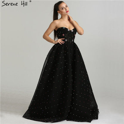 2025 schwarz Schatz Sexy Tüll Prom Kleider Neueste Diamant Perlen Off Schulter Mode Abendkleider LA6347