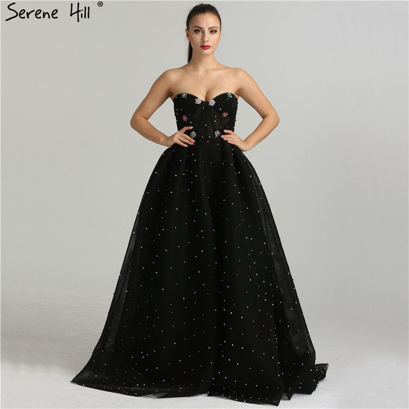 2025 schwarz Schatz Sexy Tüll Prom Kleider Neueste Diamant Perlen Off Schulter Mode Abendkleider LA6347