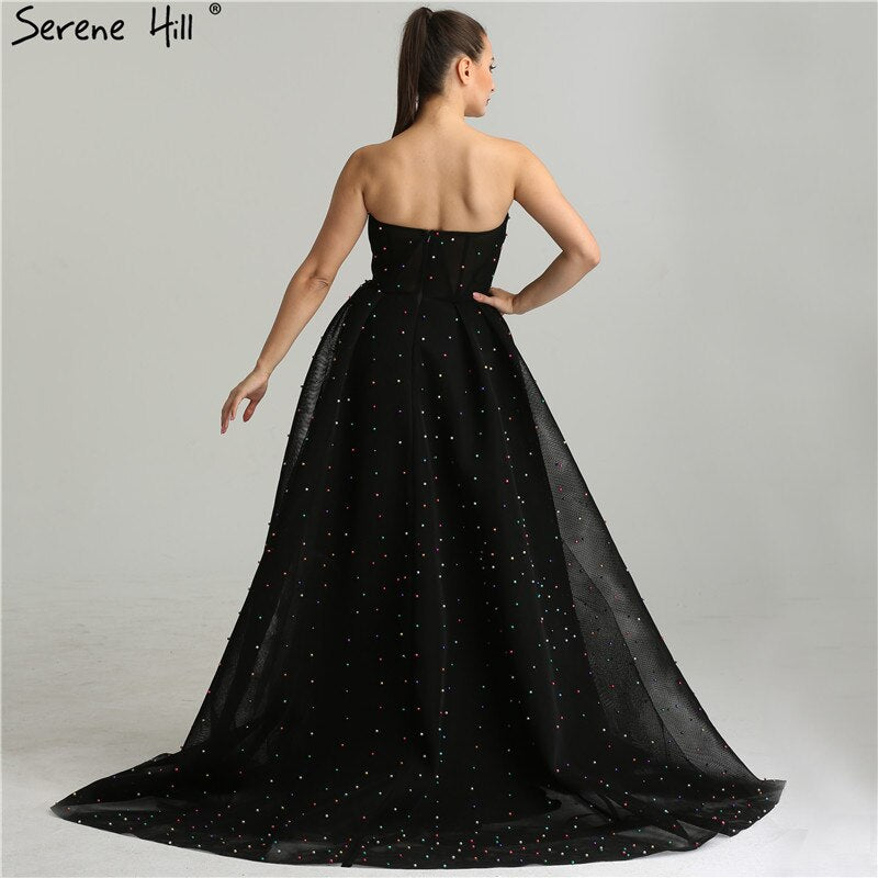 2025 schwarz Schatz Sexy Tüll Prom Kleider Neueste Diamant Perlen Off Schulter Mode Abendkleider LA6347