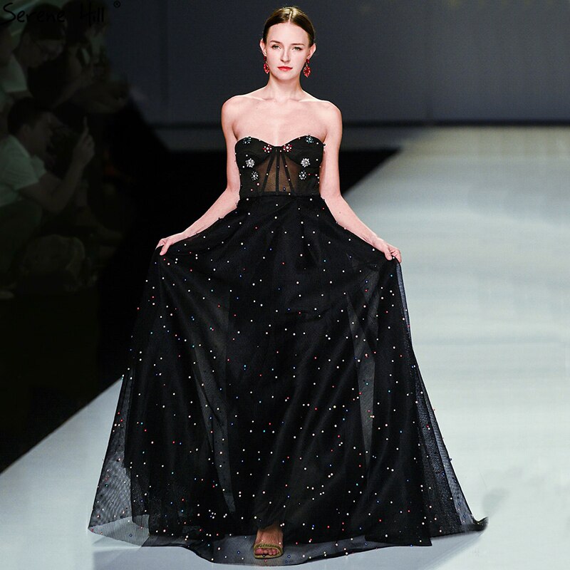 2025 schwarz Schatz Sexy Tüll Prom Kleider Neueste Diamant Perlen Off Schulter Mode Abendkleider LA6347