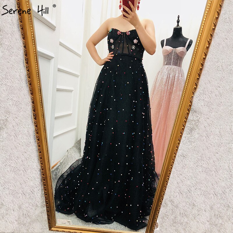 2025 schwarz Schatz Sexy Tüll Prom Kleider Neueste Diamant Perlen Off Schulter Mode Abendkleider LA6347