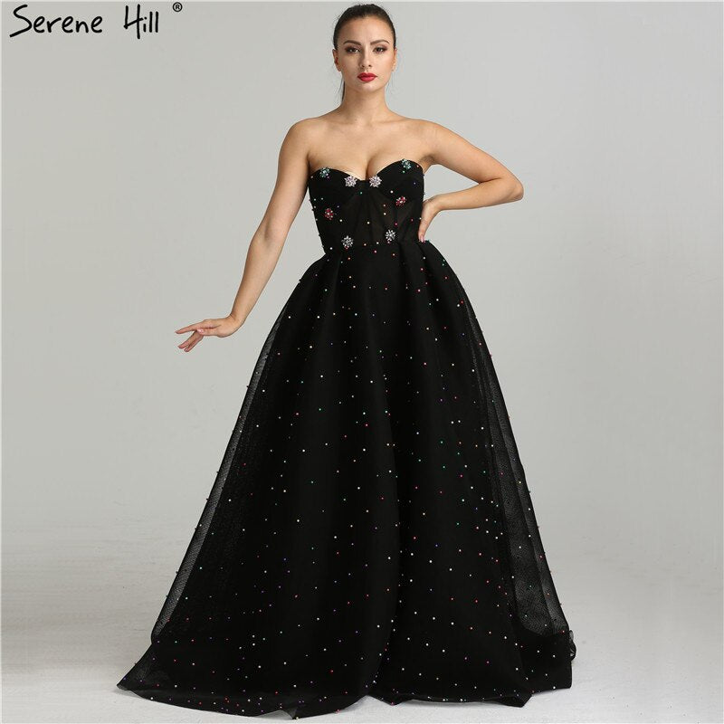 2025 schwarz Schatz Sexy Tüll Prom Kleider Neueste Diamant Perlen Off Schulter Mode Abendkleider LA6347
