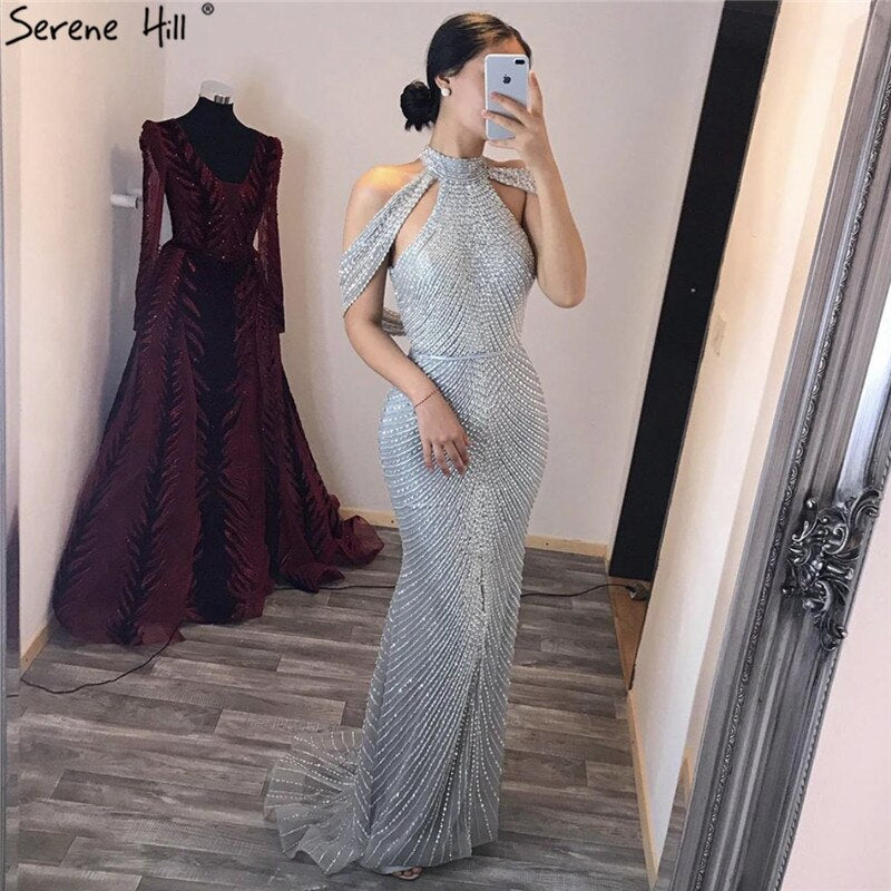 En oferta, sin devolución ni reembolso, 2025, nuevos vestidos de noche de sirena de moda, de lujo, con cuentas y lentejuelas, sin mangas, vestidos de noche formales, foto real LA6557