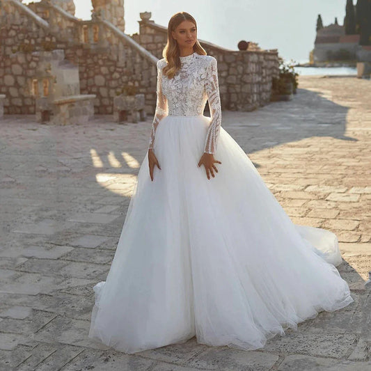 Grace Pretty luxury Princess Wedding Dresses Modest O Neck Long Sleeves Muslim Bride Dresses Bridal Gown vestidos de novia-payinti