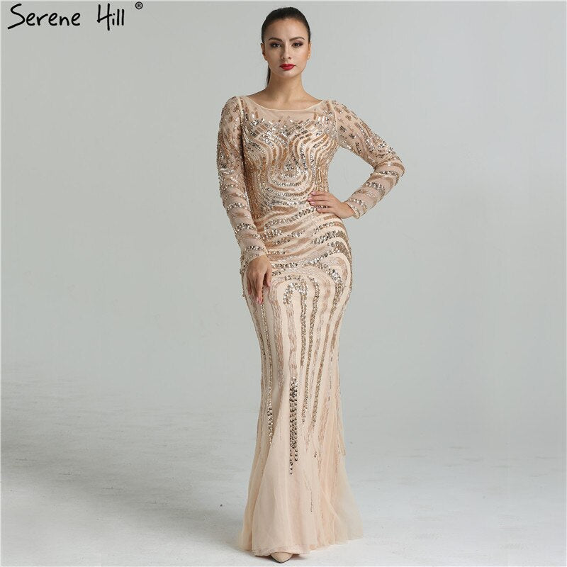 En oferta, sin devolución ni reembolso. Venta 2025. Vestidos de noche de sirena con cuentas de lujo de alta gama. Los más nuevos vestidos de noche sexis de moda con mangas largas. Foto real LA6405. 