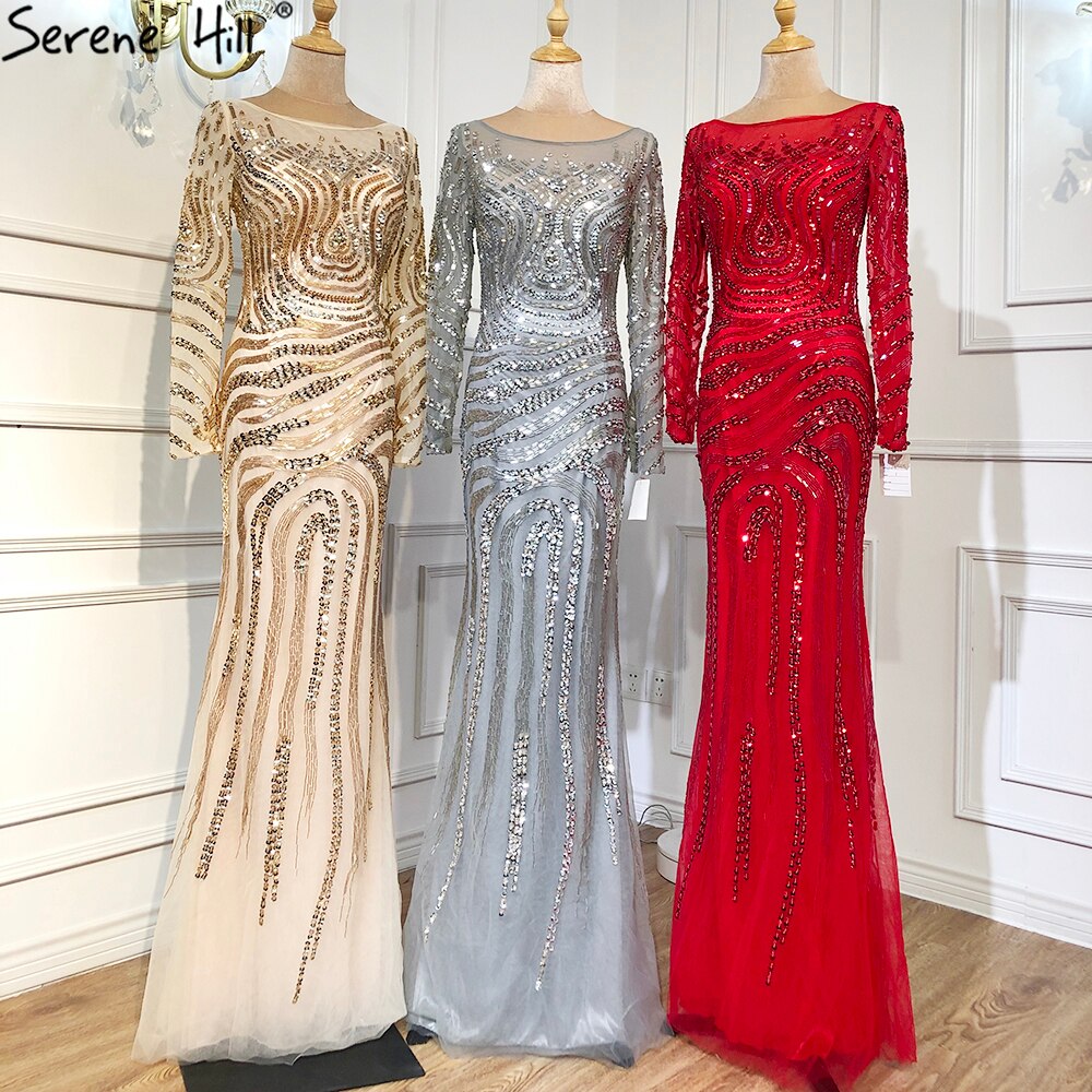 En oferta, sin devolución ni reembolso. Venta 2025. Vestidos de noche de sirena con cuentas de lujo de alta gama. Los más nuevos vestidos de noche sexis de moda con mangas largas. Foto real LA6405. 