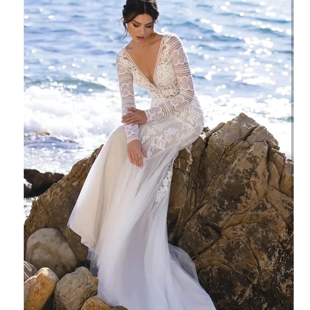 Mermaid Bride Gowns Long Sleeve V-Neck Lace Appliques Sexy Open Back Tulle Wedding Dresses Sweep Train Vestidos De Noive-payinti