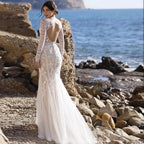 Mermaid Bride Gowns Long Sleeve V-Neck Lace Appliques Sexy Open Back Tulle Wedding Dresses Sweep Train Vestidos De Noive-payinti