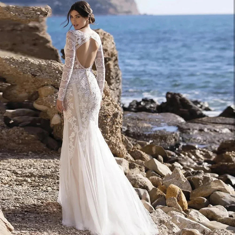 Mermaid Bride Gowns Long Sleeve V-Neck Lace Appliques Sexy Open Back Tulle Wedding Dresses Sweep Train Vestidos De Noive-payinti