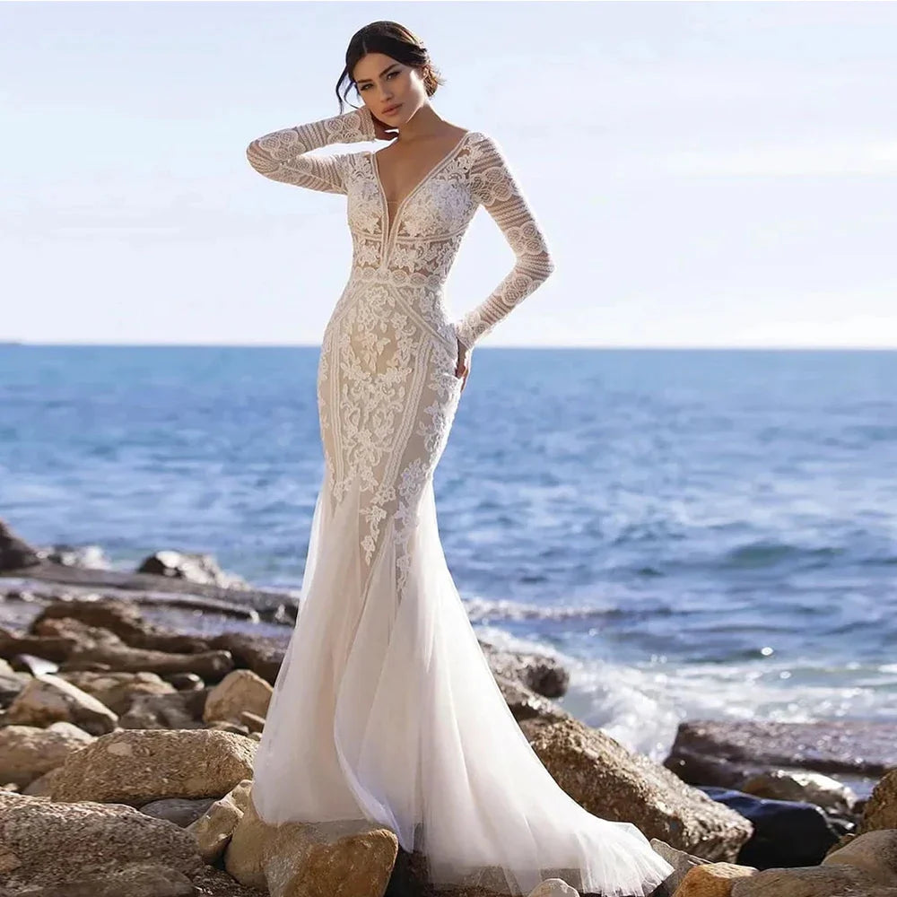 Mermaid Bride Gowns Long Sleeve V-Neck Lace Appliques Sexy Open Back Tulle Wedding Dresses Sweep Train Vestidos De Noive-payinti