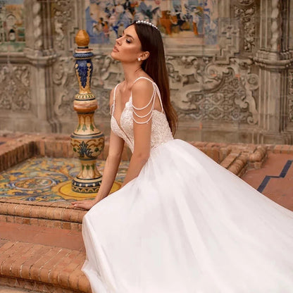 Modern Pearls Chain Wedding Dresses Tulle Appliqued Lace Engagement Bridal Party Bride Gowns Robes De Mariée Custom Made-payinti