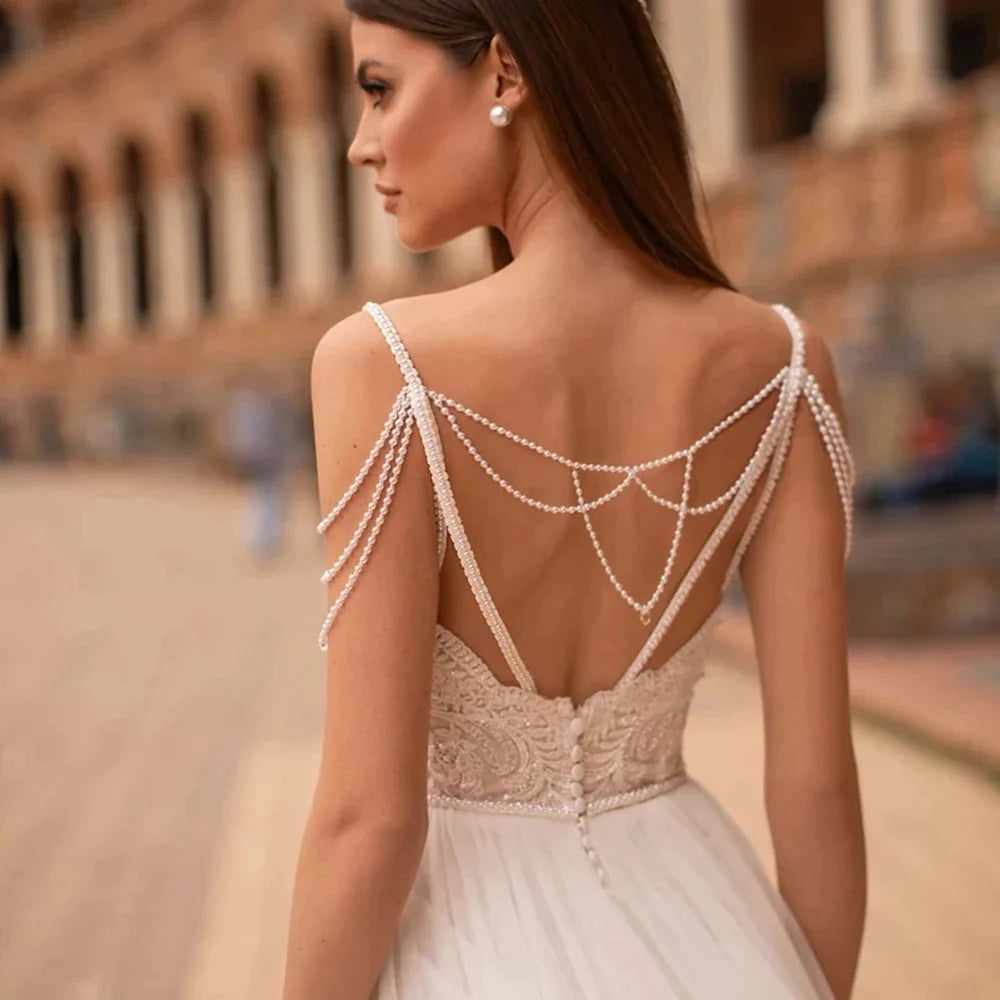 Modern Pearls Chain Wedding Dresses Tulle Appliqued Lace Engagement Bridal Party Bride Gowns Robes De Mariée Custom Made-payinti