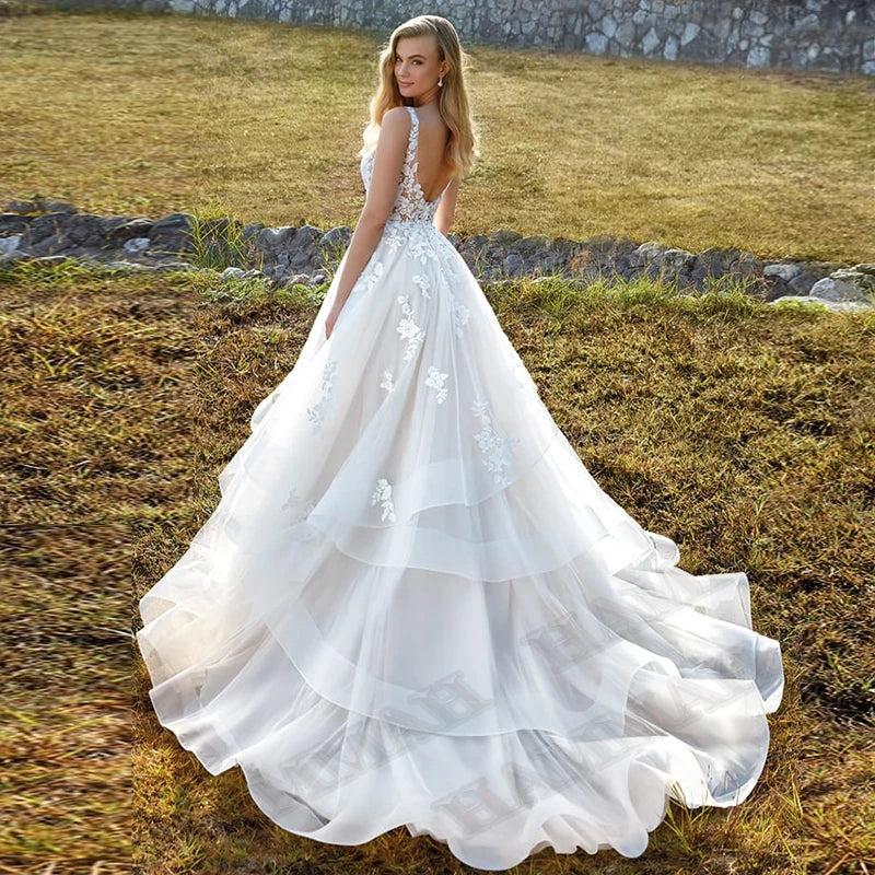 Modest Brush Train Wedding Dresses Brides Gown Tiered Appliques Backless Sposa Vestidos Bridal Party Suit Robe De Mariée-payinti
