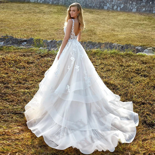 Modest Brush Train Wedding Dresses Brides Gown Tiered Appliques Backless Sposa Vestidos Bridal Party Suit Robe De Mariée-payinti
