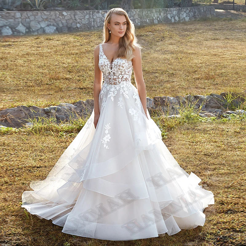 Modest Brush Train Wedding Dresses Brides Gown Tiered Appliques Backless Sposa Vestidos Bridal Party Suit Robe De Mariée-payinti