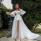 New Front Short Long Back Wedding Dresses Classic Short Sleeve Bride Dress With Train Wedding Gown Vestido De Noiva-payinti