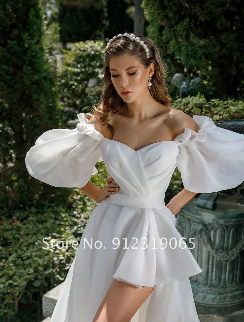 New Front Short Long Back Wedding Dresses Classic Short Sleeve Bride Dress With Train Wedding Gown Vestido De Noiva-payinti