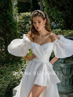 New Front Short Long Back Wedding Dresses Classic Short Sleeve Bride Dress With Train Wedding Gown Vestido De Noiva-payinti