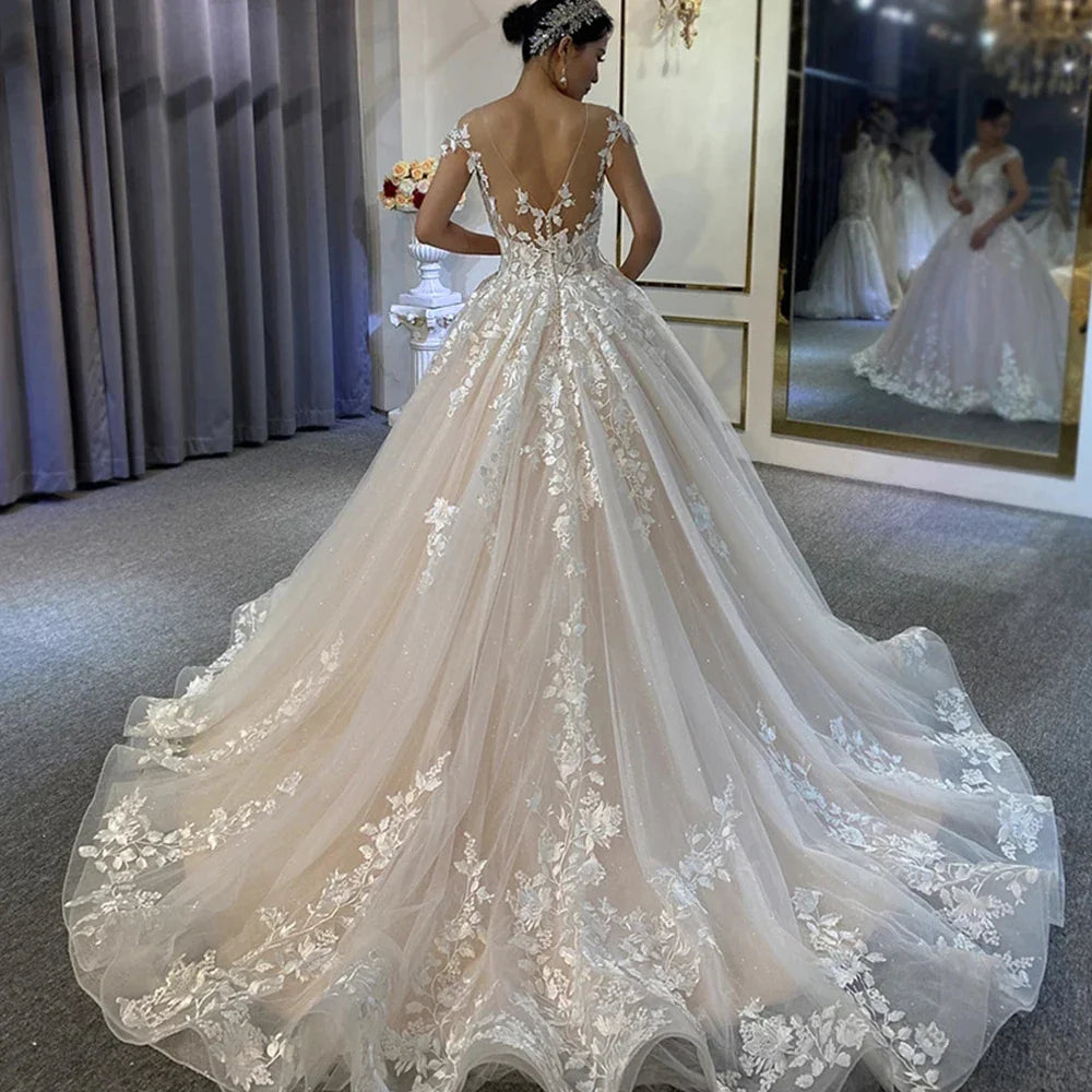 New Gorgeous Wedding Dresses Women's Elegant Off Shoulder A-Line Bridal Gowns Lace Applique Sleeveless Formal Party Robe De-payinti