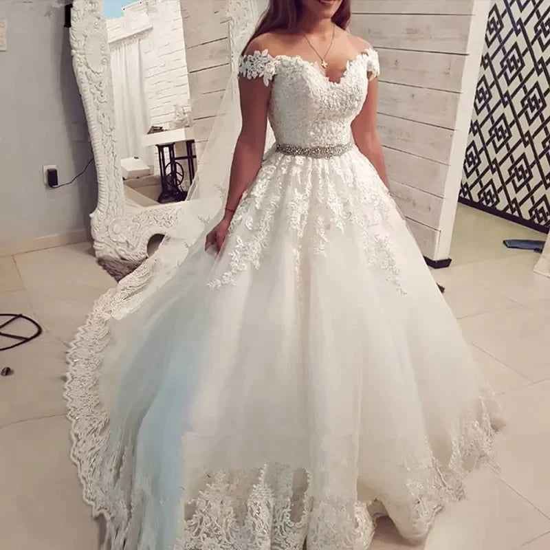 Off Shoulder Embroidery Charming Sweetheart White Wedding Dress Custom Made Size Ball Gown Wedding Dresse-payinti
