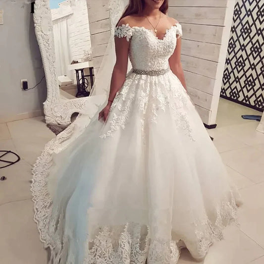 Off Shoulder Embroidery Charming Sweetheart White Wedding Dress Custom Made Size Ball Gown Wedding Dresse-payinti