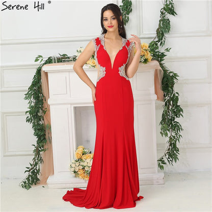 On Sale no return no refund Sale 2025 Red Deep V-Neck Sexy Evening Dresses Beading Sleeveless Bride Toasting Evening Gowns LA6680
