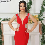 En oferta, sin devolución ni reembolso. Oferta 2025. Vestidos de noche rojos con escote en V profundo, sexys, con cuentas, sin mangas, para novias, vestidos de noche para brindar LA6680. 